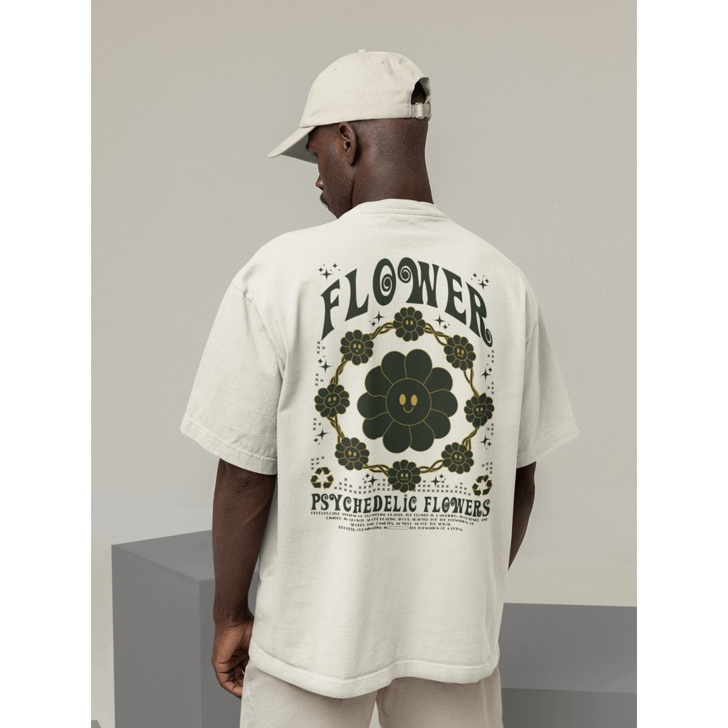 Camisa Camiseta Oversized Streetwear Masculino Urbano Treino Preto e Off Whte Estampado - FLOWER