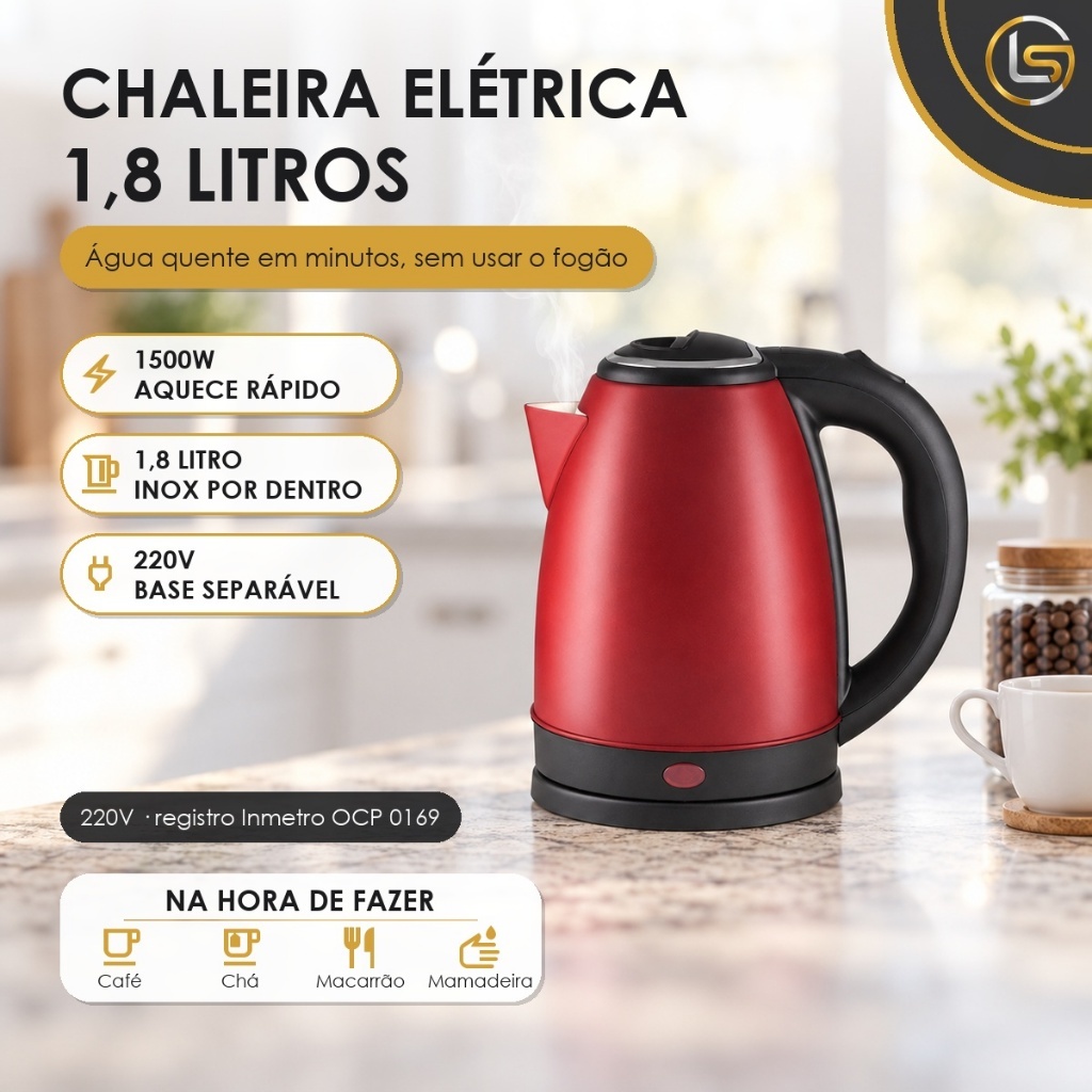 Chaleira Elétrica Inox Vermelha 1,8L 1500W 220V Aquece Rápido Café Chá Chimarrão Cozinha Escritório Home Office