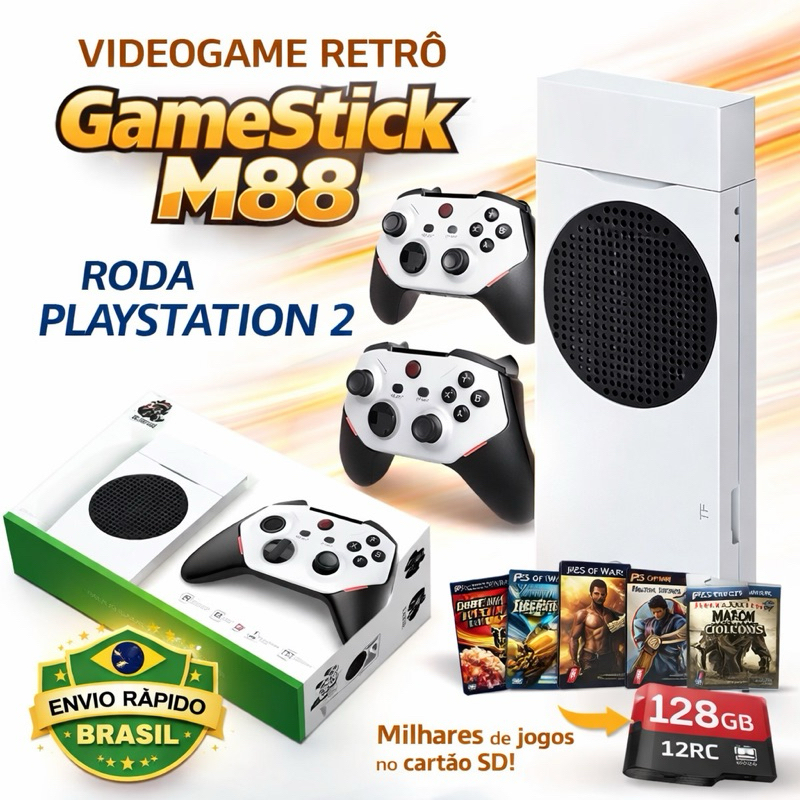 Videogame Retrô GameStick M88 PS2 + 2 Controles Sem Fio + 128GB Milhares Jogos
