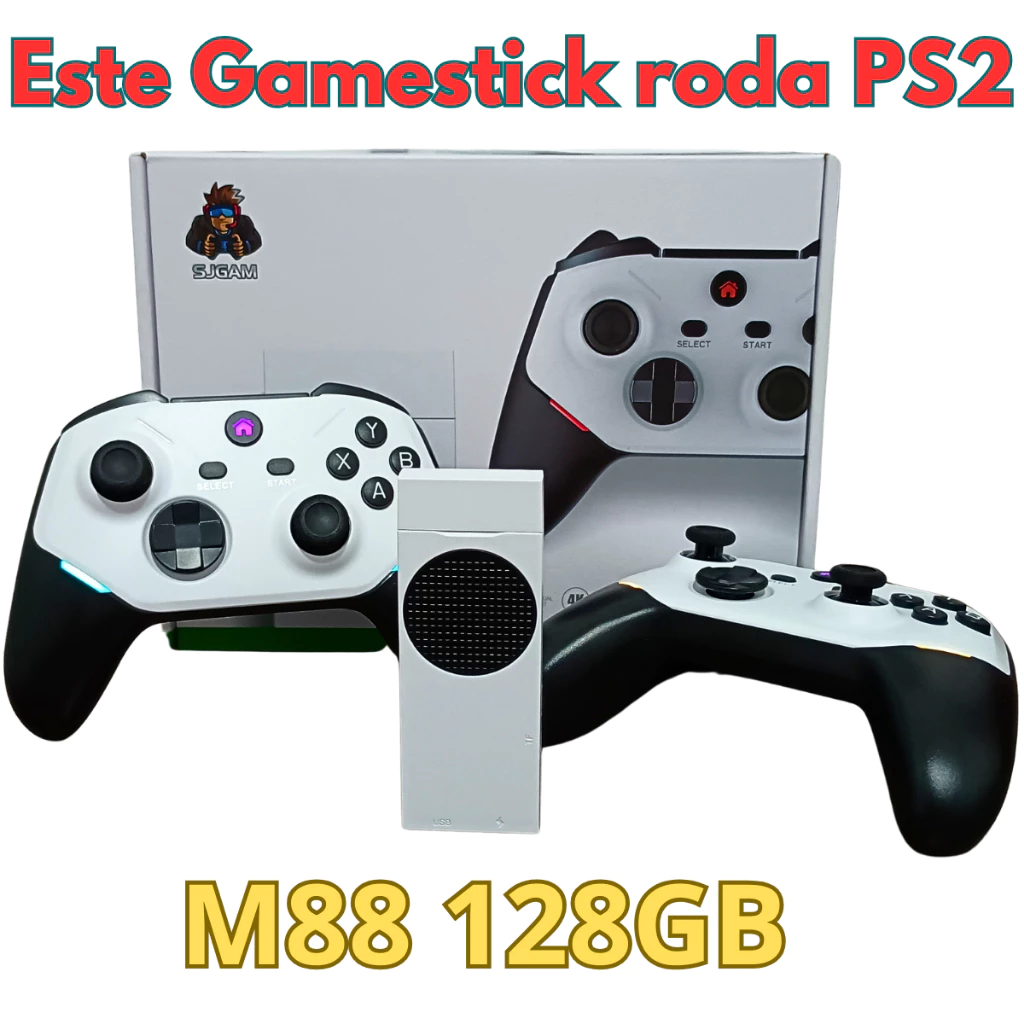 Videogame Retrô GameStick M88 PS2 + 2 Controles Sem Fio + 128GB 20 Mil Jogos Classicos Retro
