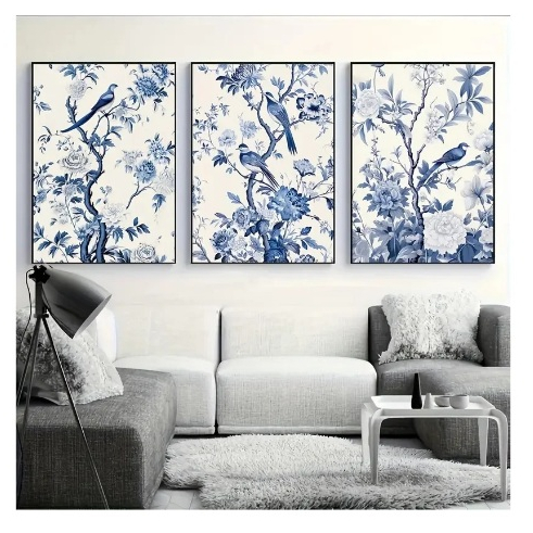 Quadros decorativos Cartaz floral azul e branco da lona do pássaro (3 peças)