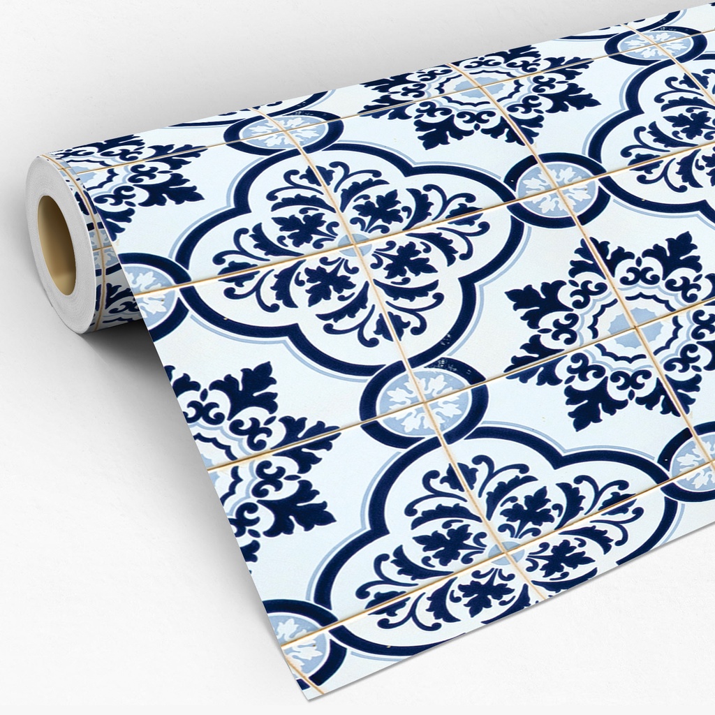 Papel De Parede Adesivo Para Cozinha Azulejo Ladrilho Retrô Mosaico Desenho Azul E Branco Lavável