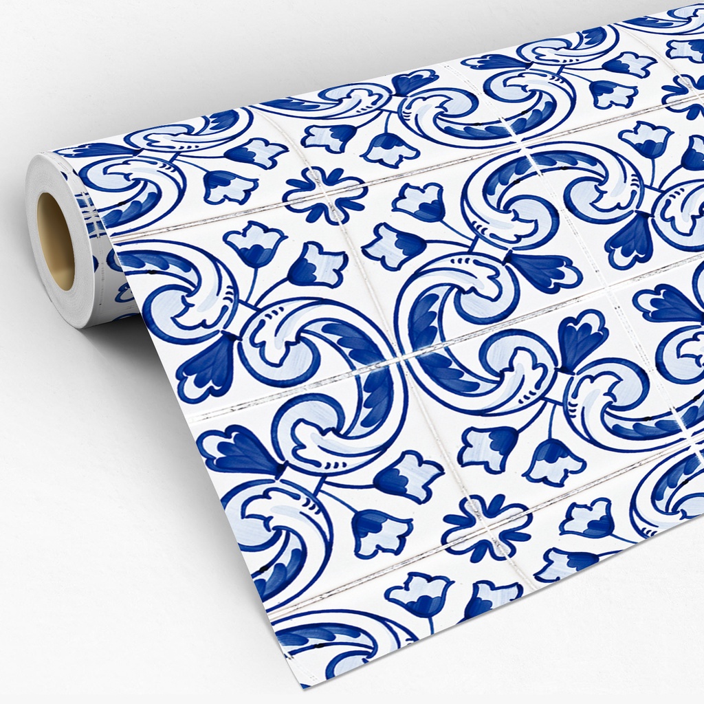 Papel De Parede Adesivo Para Cozinha Azulejo Ladrilho Retrô Azul E Branco Lavável Rolo 3 Metros