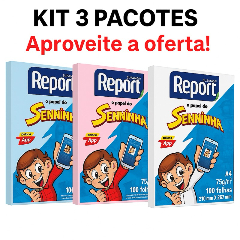 Combo 3 Pacotes Papel Sulfite Senninha A4 75g/m² – Azul + Rosa + Branco (100 folhas cada)