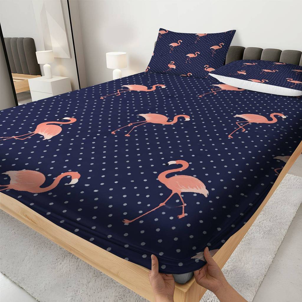 Conjunto De 3 Peças De Lençol Flamingo Polka Dot Navy (1 Justo 2 Fronhas, Sem Núcleo), Tema Tropical
