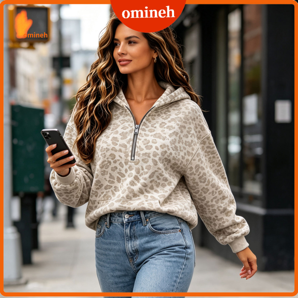 Women Leopard Print Hoodie Half Zip Hooded Sweatshirt Women’s Oversized Half-zip Pullover with Kangaroo Pocket Long Sl