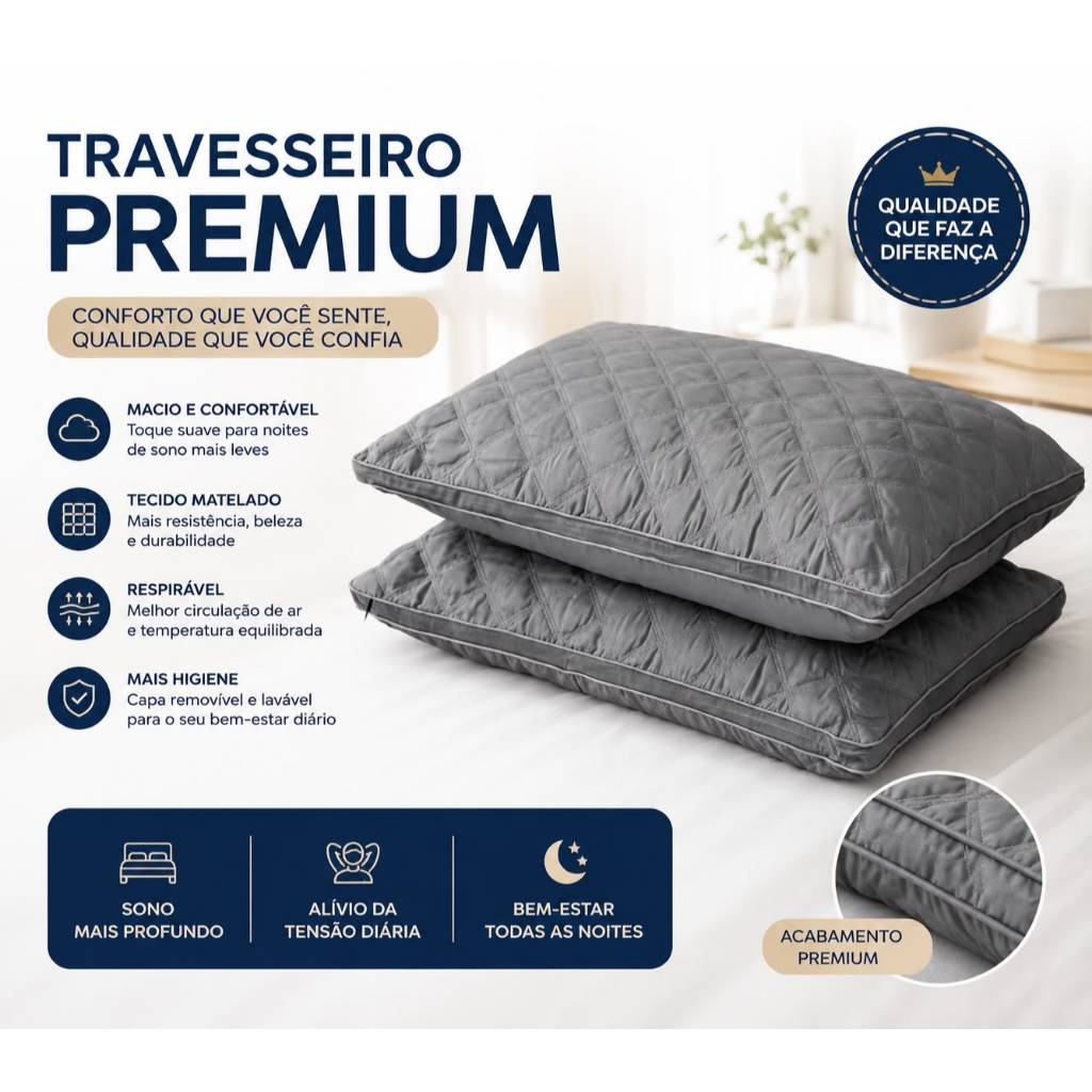 Kit 2 Travesseiros Grid Cinza com Zíper - Enchimento Ajustável 70x45