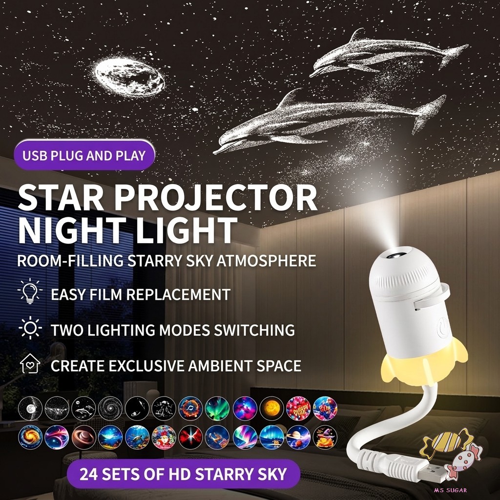 2026 Nova Luz De Projeção De Estrela Com Padrões De Filme Substituíveis Galaxy Moon Saturn USB Night Light