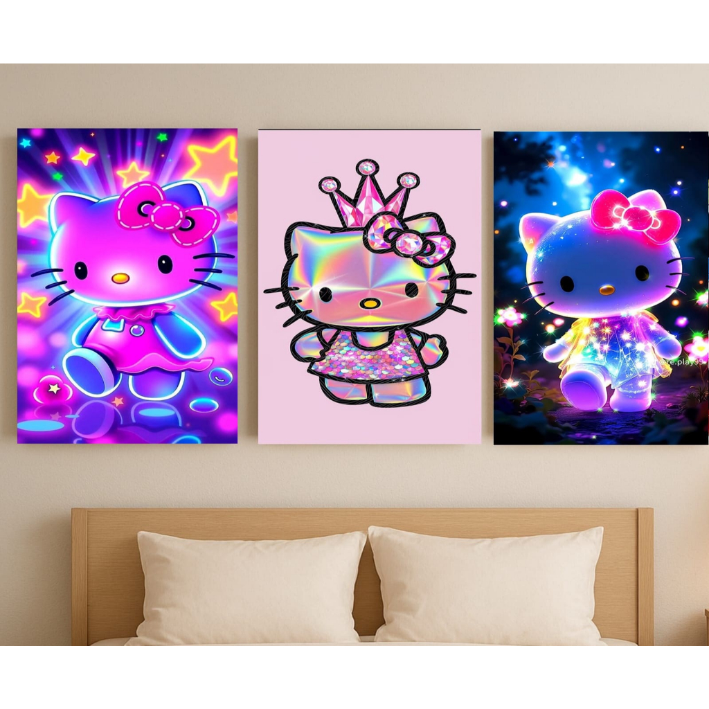 Kit com 3 quadros decorativos em MDF 20x28 com dupla face inclusa – H3ll0 Kitt1 decoração infantil kawaii