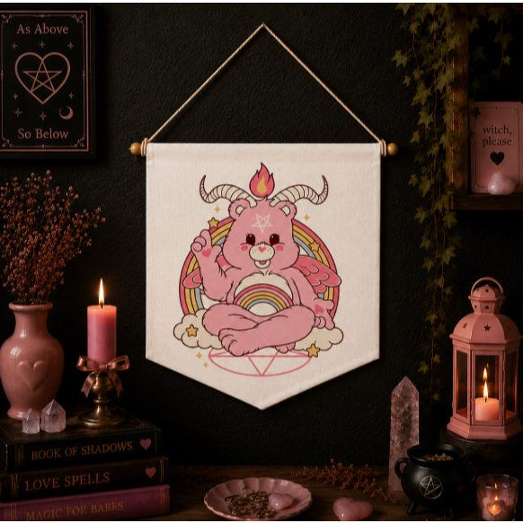 Flâmula Bearphomet Rosa | Ursinho Gótico Kawaii Witchcore | Decoração