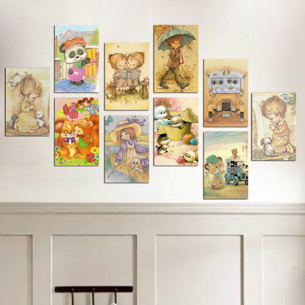 Kit 10 Quadros Kawaii Fofo Retrô Anos 90 - Decoração Quarto Feminino - MDF 13x20cm -papel de carta