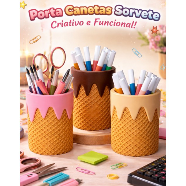 Porta Canetas Sorvete 3D Criativo Organizador de Mesa Kawaii Papelaria Fofa Desk Decor Sorvetinho