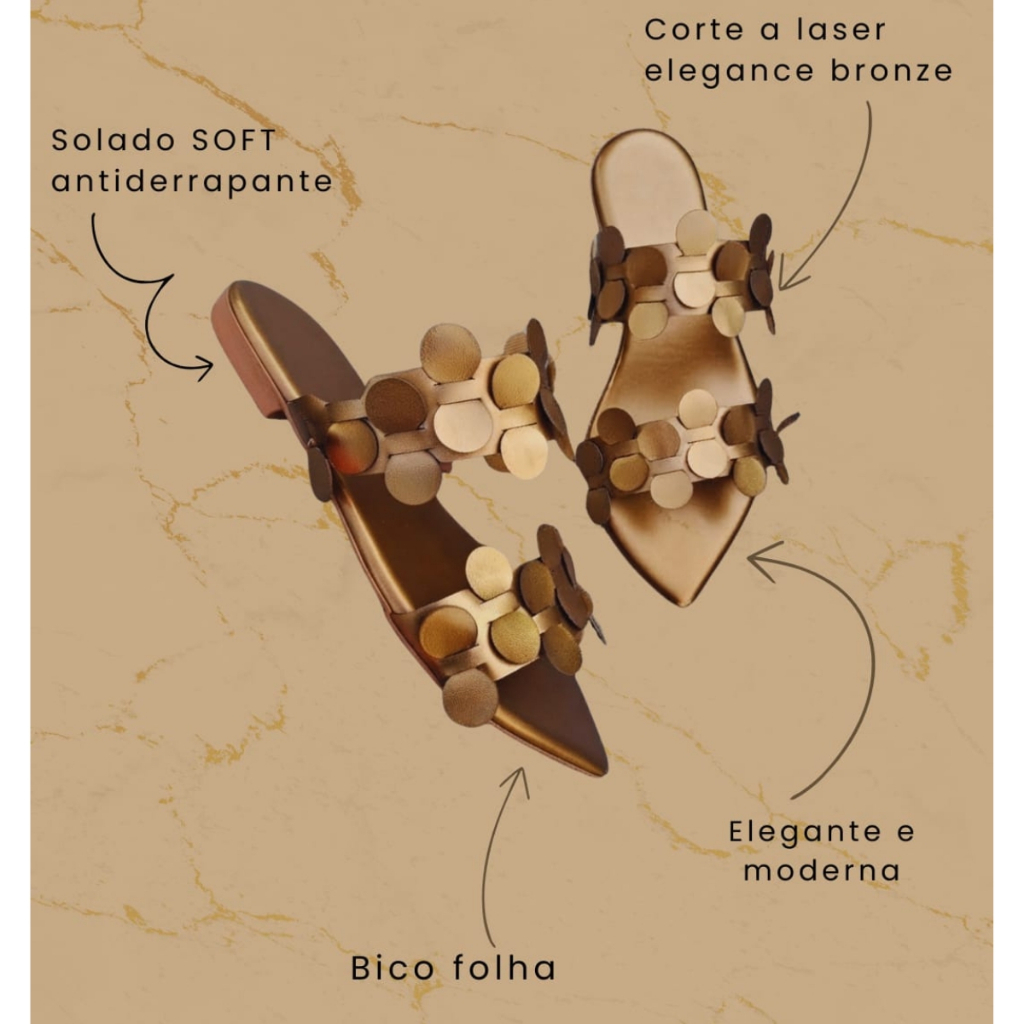 Sandalia Rasteirinha Confortavel Feminina Bico Folha Rose Gold ELegante Casual Look chic final de ano