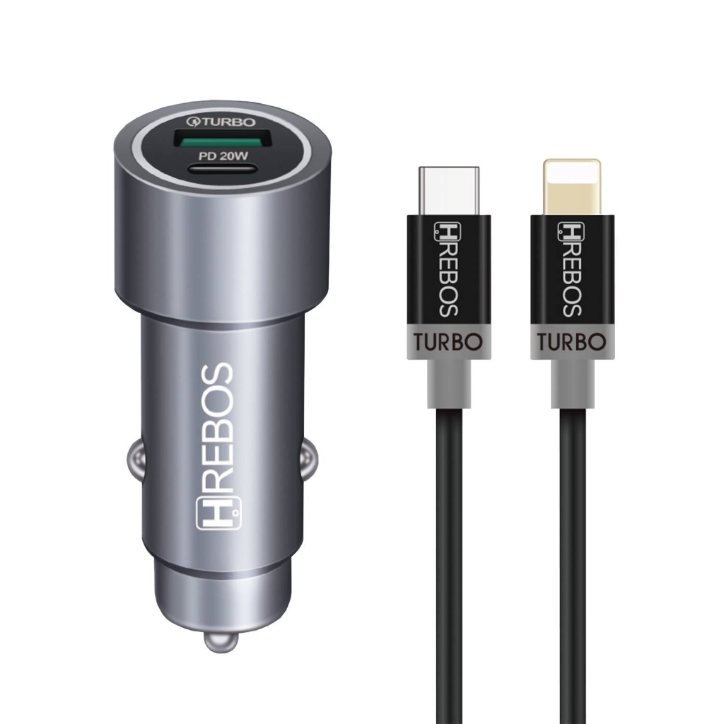 Carregador Veicular Turbo 20w HRebos HS-355i + USB com cabo para iPhone 11 12 13 14 Pro Max