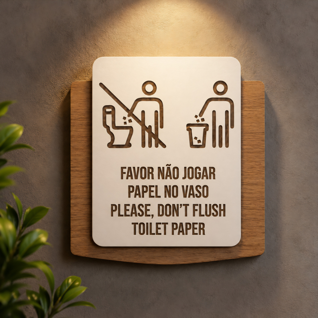 Placa de Sinalização Favor Não Jogar Papel no Vaso 19x17cm inglês e Português em MDF Decoração