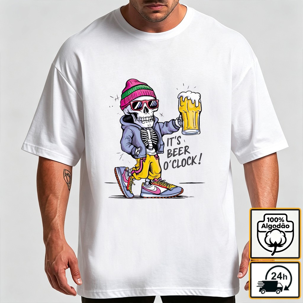 Camiseta Masculina Estampa Skull Cerveja 100% Algodão Oversized Streetwear Grafite It's Beer O Clock Moda