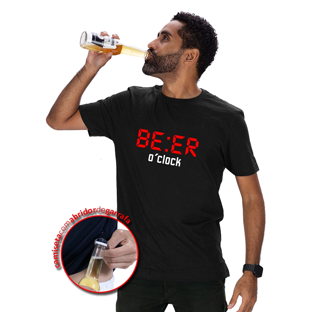 Camiseta Ramos Style com Abridor de Garrafa Estampa Divertida - Beer O Clock - 100% Algodão Moda Masculina