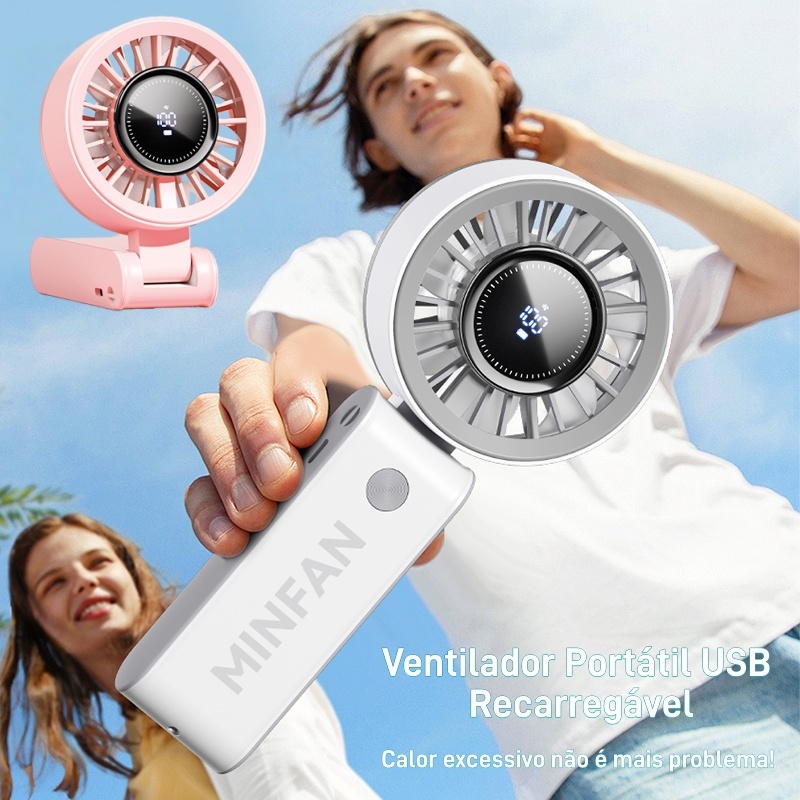 Ventilador Dobrável Portátil 100 Velocidades Display Bateria 4000mAh USB Suporte Celular