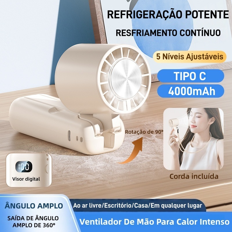 Ventilador Portátil 5 Velocidades com Gelo, 4000mAh, Display Digital, Dobrável, Suporte Celular, USB