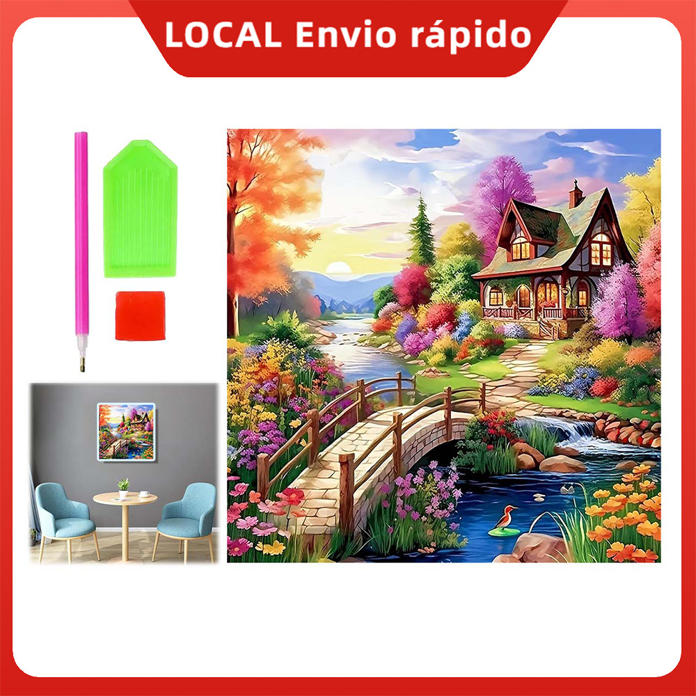 Pintura de Diamante 5D Tema Casa de Conto de Fadas 30x30cm – Sunset Fairytale House, Conjunto de Diamantes
