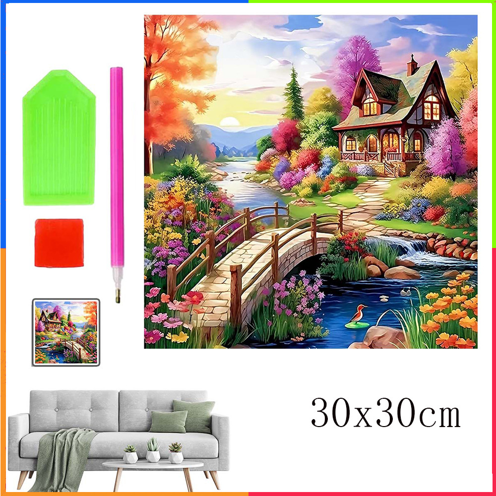 Kit de pintura com diamantes DIY Sunset Fairytale House 30x30 cm Pintura decorativa Pintura de paisagem ao pôr do sol
