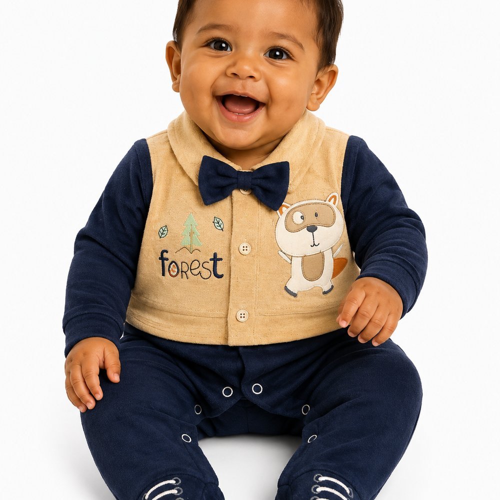 Macacão Bebê Menino Luxo Forest em Suedine Azul Marinho - M.Baby
