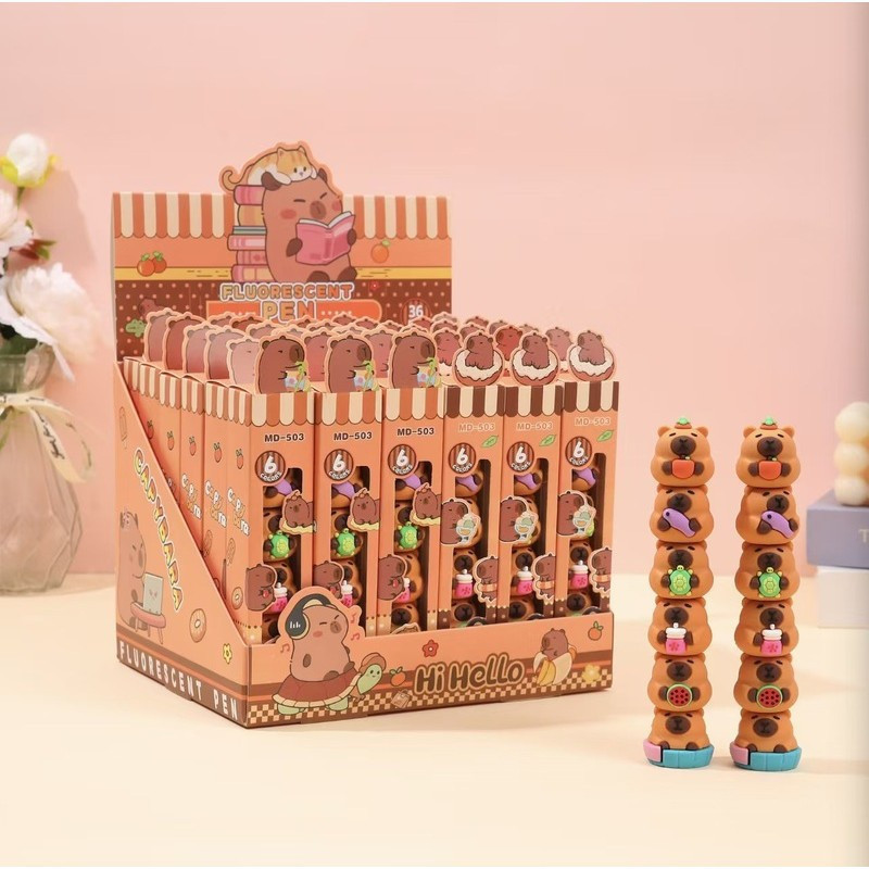6Support/Set of cute cartoon capybara pink and colorful round-tip markers，Suitable for use by children and infants。