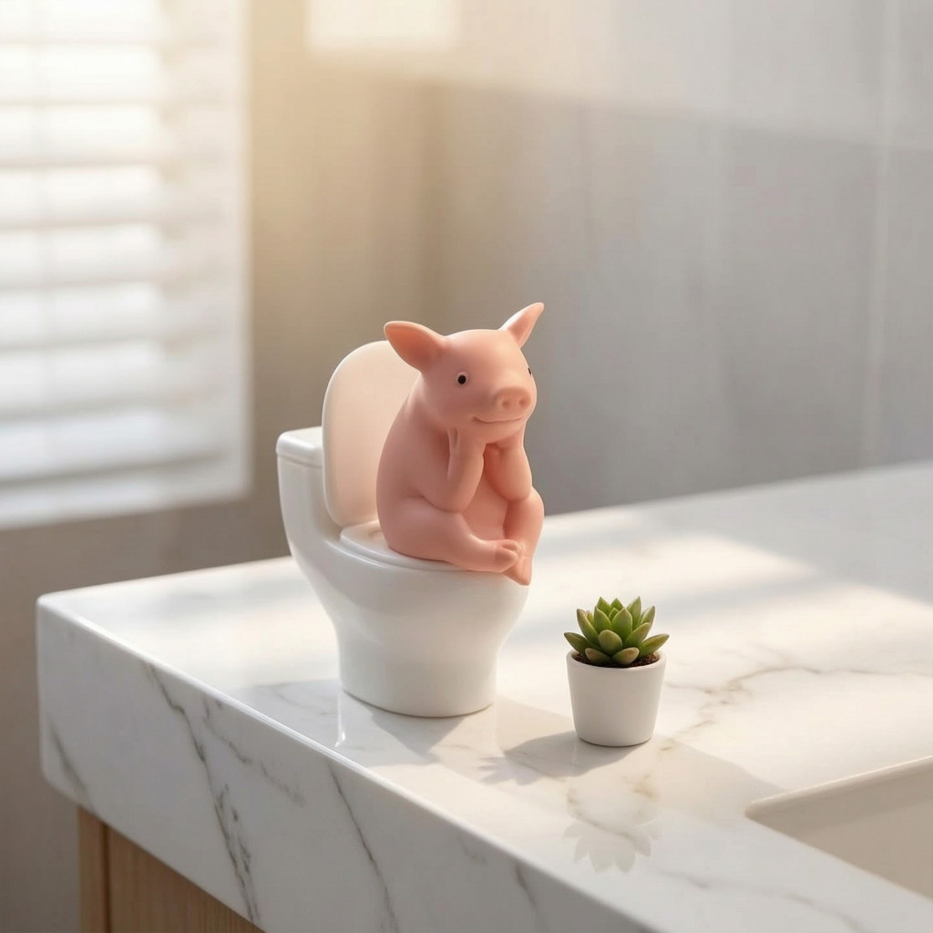 Tabletop Pig Decor Bathroom Decoration Cute Miniature Pink Toilet Figurine – Sitting Thinking Statue Cartoon Farm for