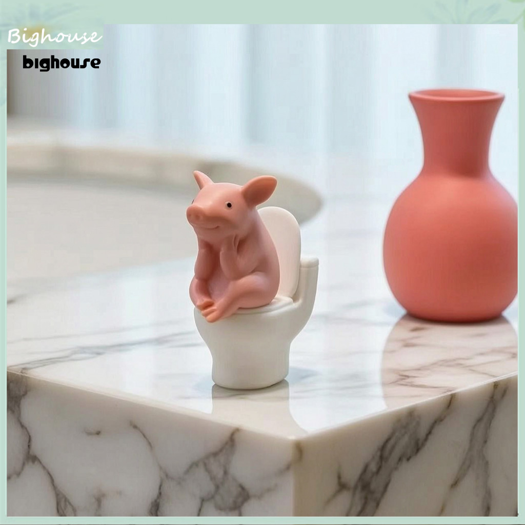 Cute Miniature Pink Pig Figurine Sitting on Toilet – Funny Cartoon Farm Decoration for Home Office Bathroom Unique Gif