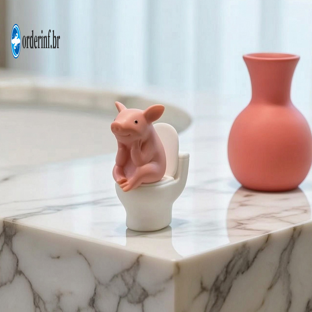 Toilet Pig Ornament Cute Miniature Pink Figurine – Sitting Thinking Statue Cartoon Farm Decoration for Home Office Bat