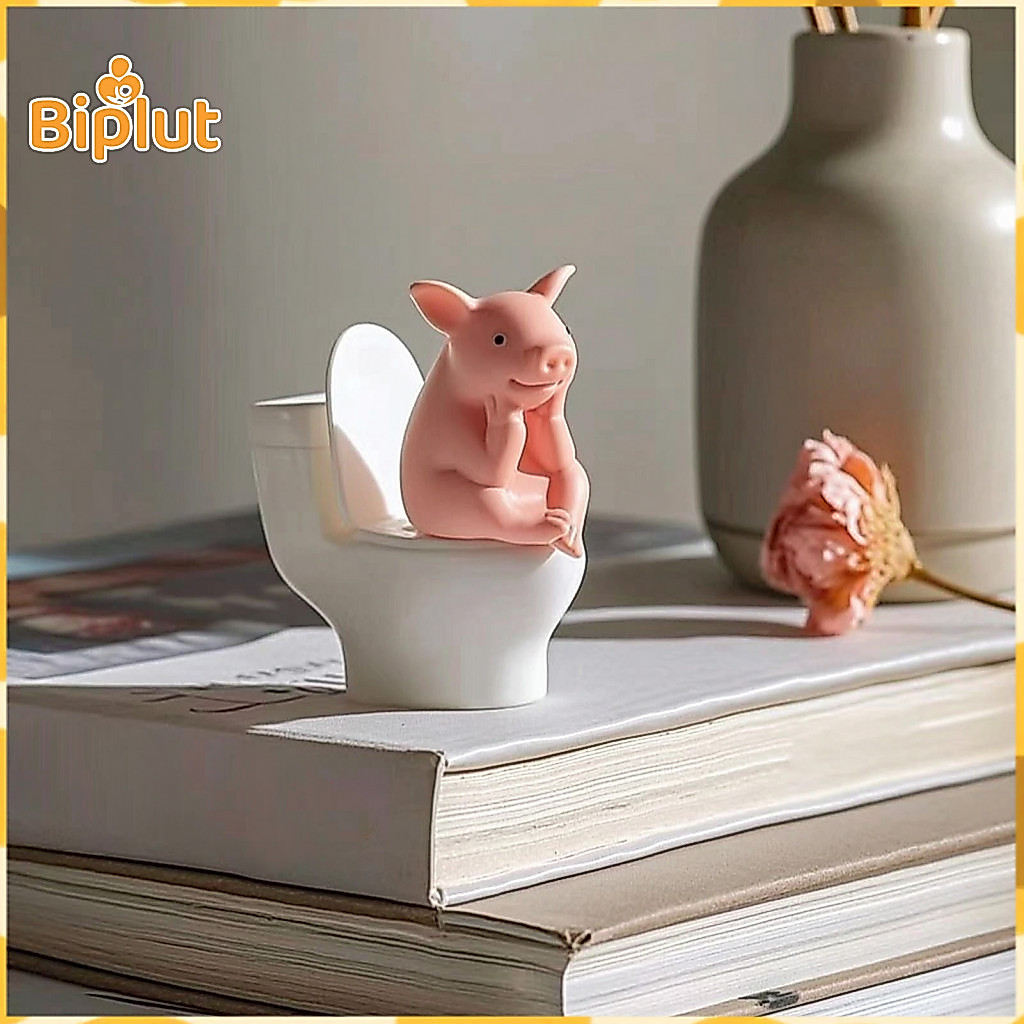 Toilet Pig Ornament Collectible Figurine Cute Miniature Pink – Sitting Thinking Statue Cartoon Farm Decoration for Hom