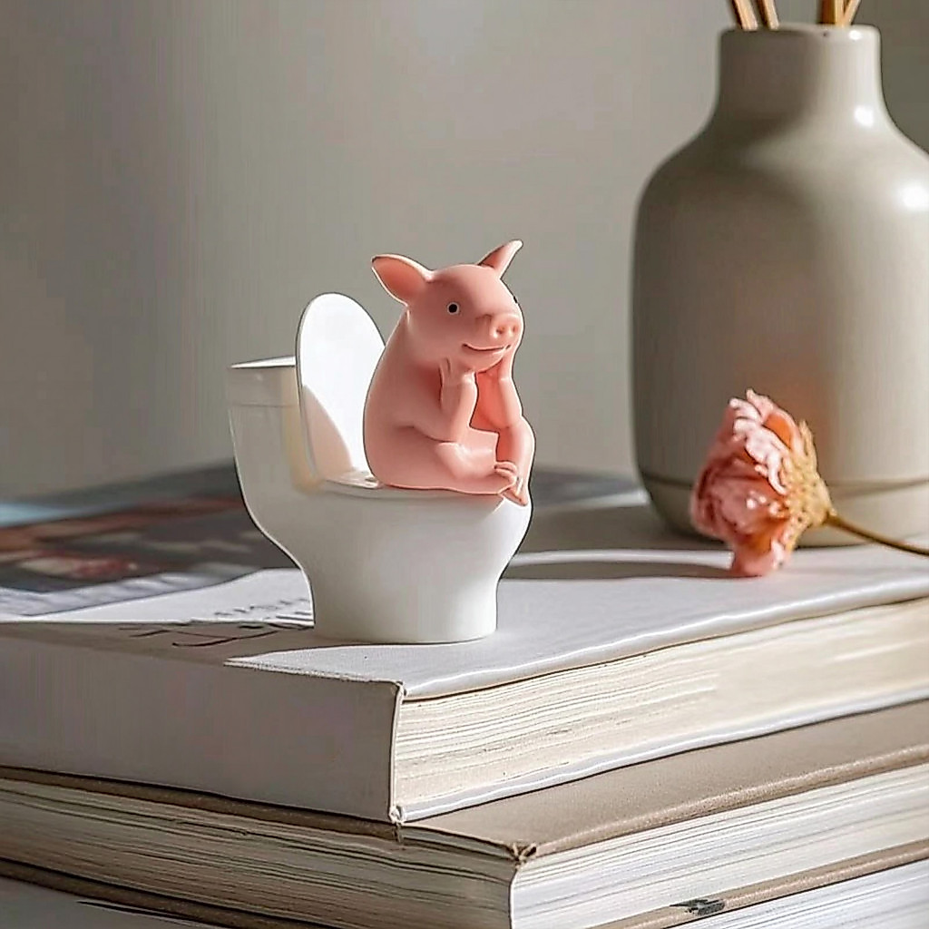Miniature Pig Decor Toilet Ornament Cute Pink Figurine – Sitting Thinking Statue Cartoon Farm Decoration for Home Offi