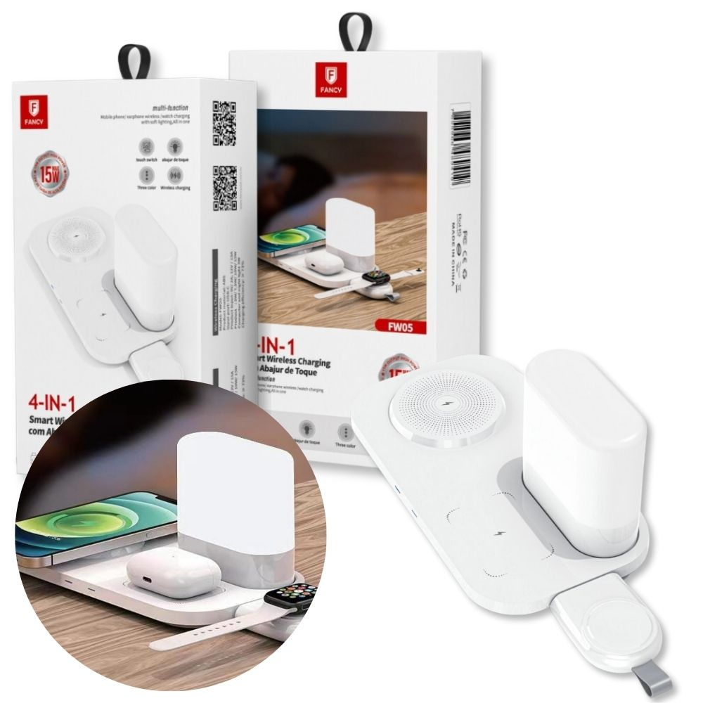 FW05 - Carregador Sem Fio 4 Em 1 Indução Com Abajur Touch 15w Cor Branco