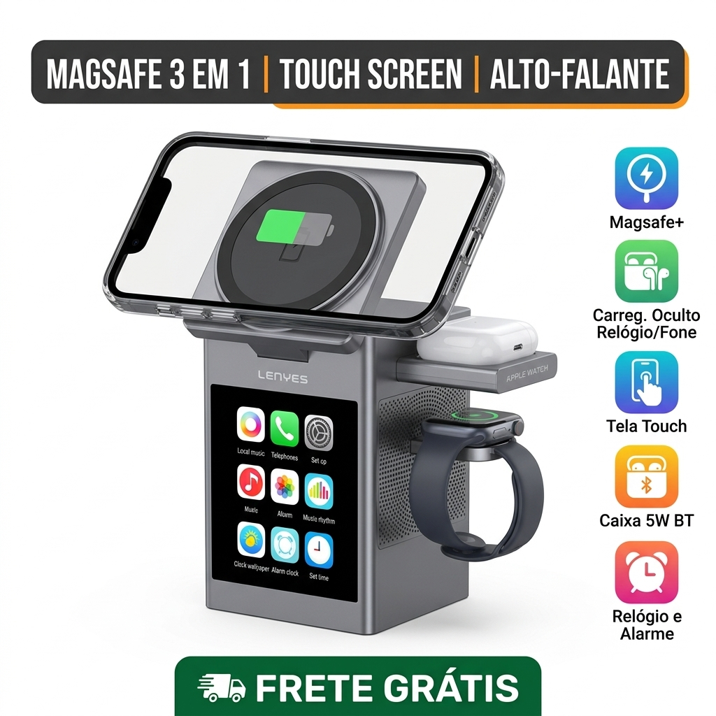 Carregador Sem Fio Magnético 3 em 1 Lenyes PW331 com Alto-falante Bluetooth e Tela Touch - Estação de Recarga Completa