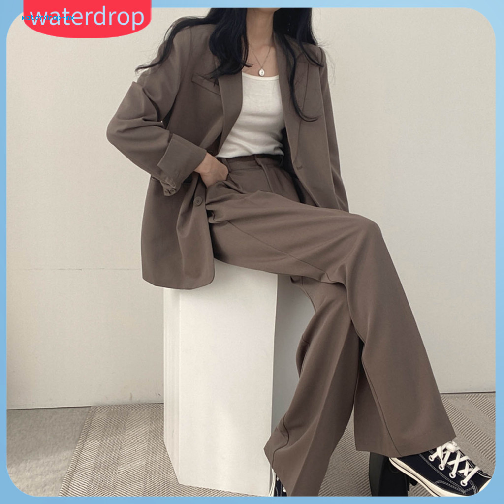 2 Pcs Women Business Suit Set – Formal Long Sleeve Notch Collar Blazer High Waist Wide Leg Pants Elegant Solid Color O