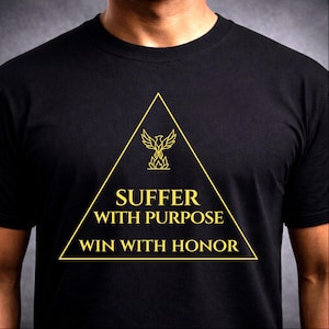 Modern casual black T shirt for men and women with gold triangular stamp featuring an eagle and motivational text Suffer