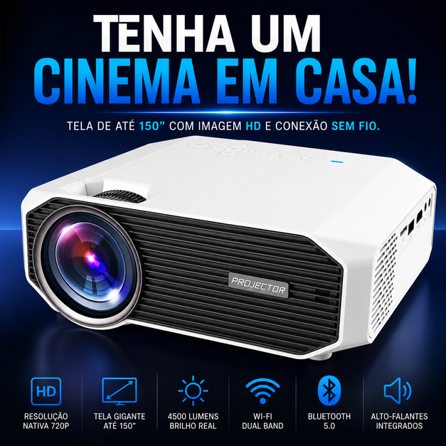 Projetor Portátil HD Nativo E470 Wi-Fi Dual Band Bluetooth 5.0 4500 Lumens Tela Até 150