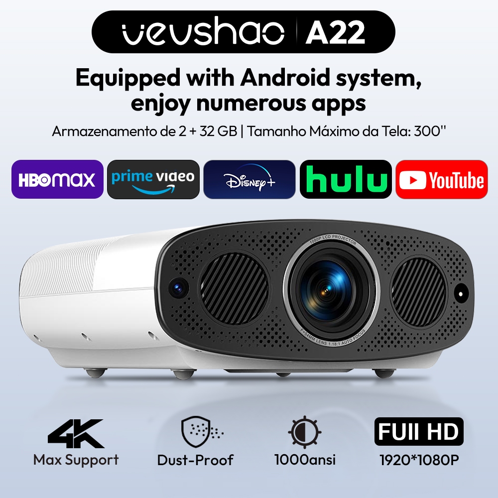 Projetor VEVSHAO A22 Full HD 1080P 1000 ANSI Android 9 Wi-Fi Dual Band Auto Focus