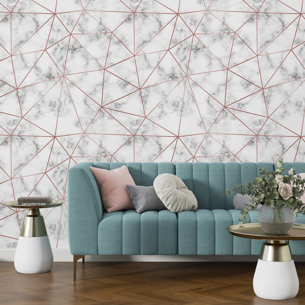 Papel de Parede Autoadesivo Zara Branco e Cinza Marmorizado com Veias Rosé Geométrico