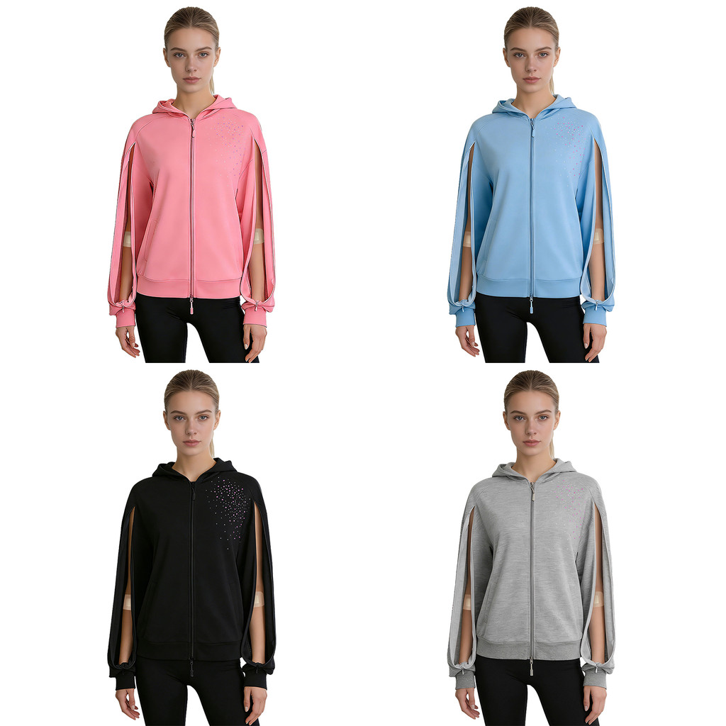 inhzoy Women Dialysis Hooded Sweatshirt Arm Zipper Long Sleeves Full-Zip Shiny Rhinestones Jacket with Pockets
