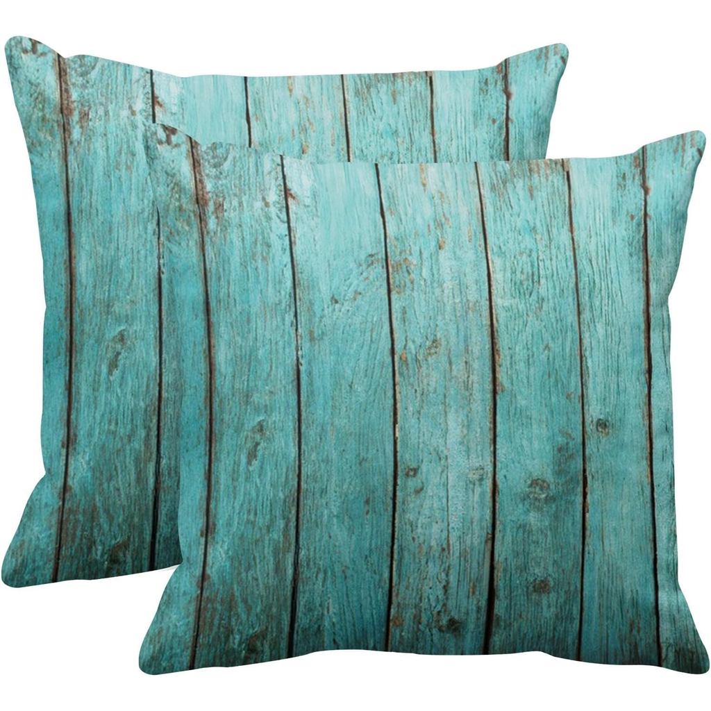 Emvency Set of 2 Decorative Throw Pillow Cover Square Size 18x18 Inches Turquoise Wood Teal Barn Wood Weathered Beach De