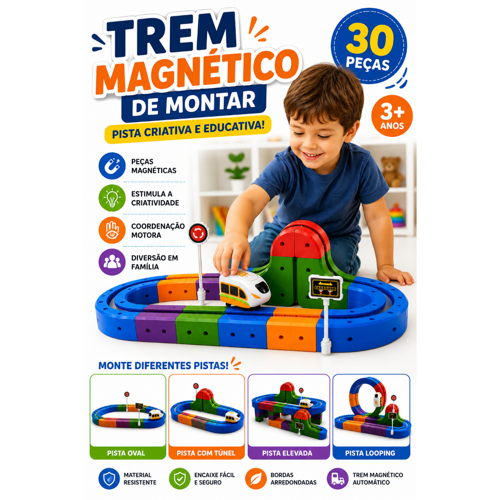 Pista Magnética de Montar com Trem Elétrico 30 Peças – Magnetic Building Block Track / Trem Magnético de Montar 30 Peças