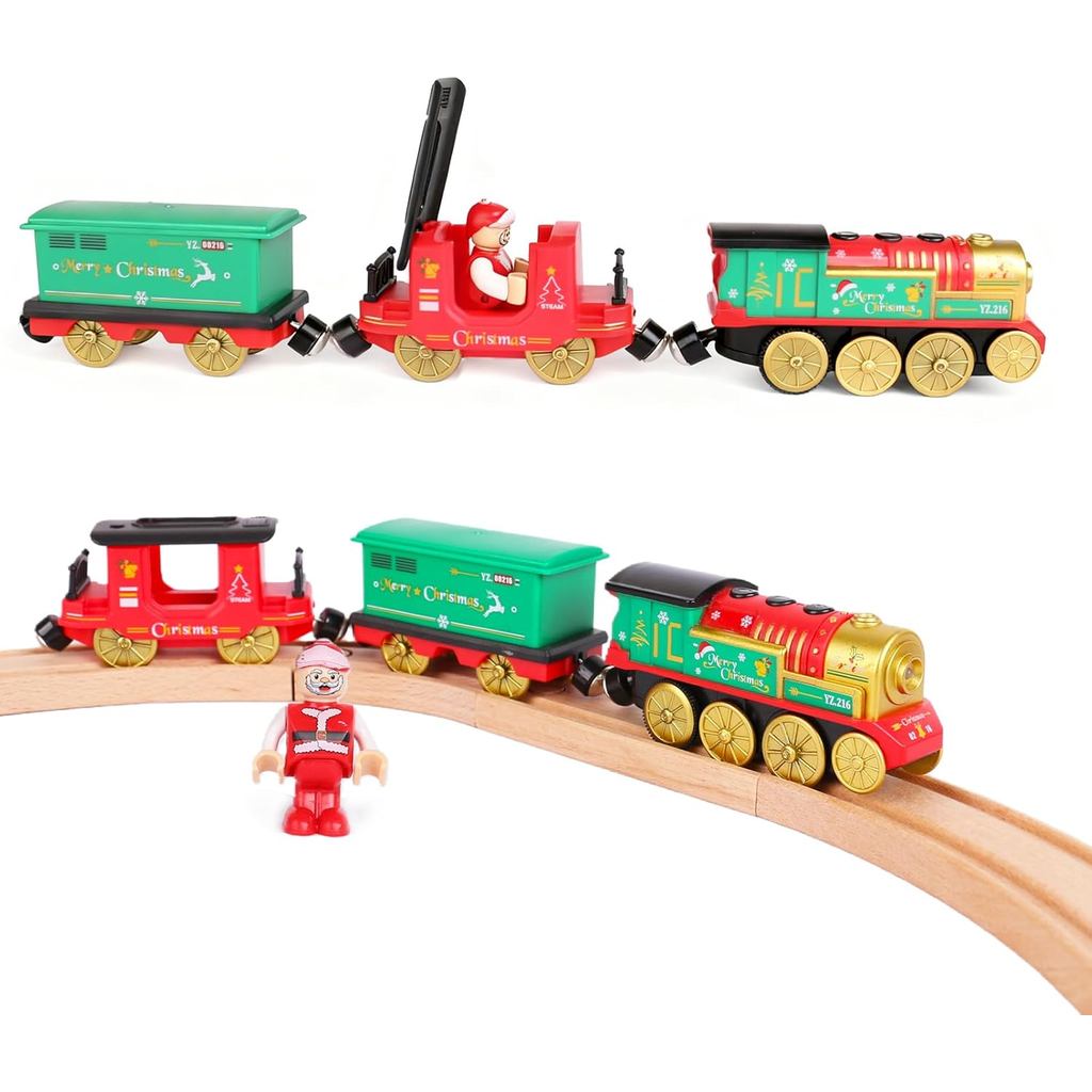 Battery Operated Train for Wooden Track,Christmas Motorized Train Locomotive Set with Magnetic Connection,Lights and Sou