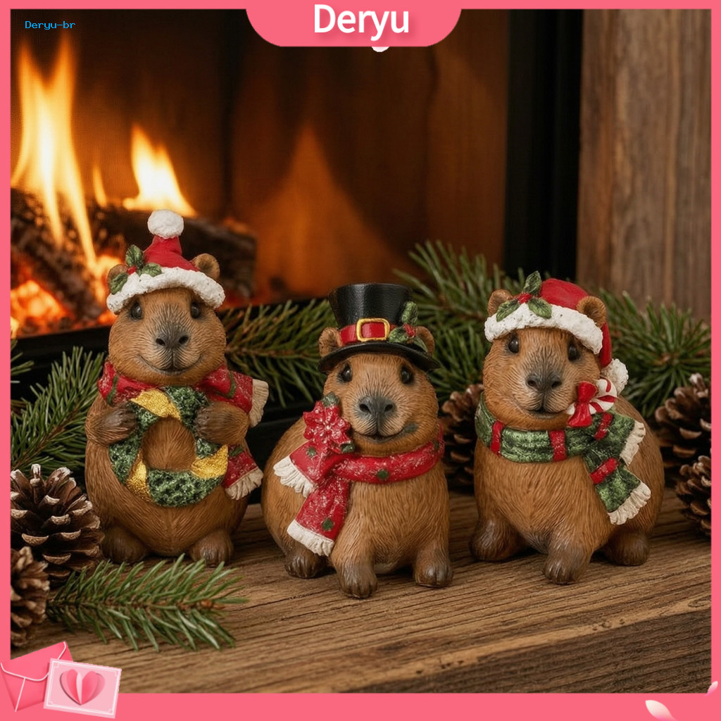Healing Capybara Gift Christmas Figurine with Hat and Scarf – Cute Resin Statue Cartoon Decoration for Home Holiday Pa