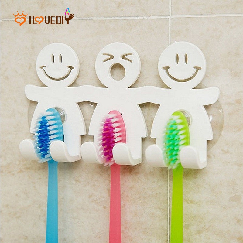 [Hot] Cute Smiley Face Suporte De Escova De Dentes Triplo Com Ventosa Organizador De Navalha/Ganchos De Parede De Banhei