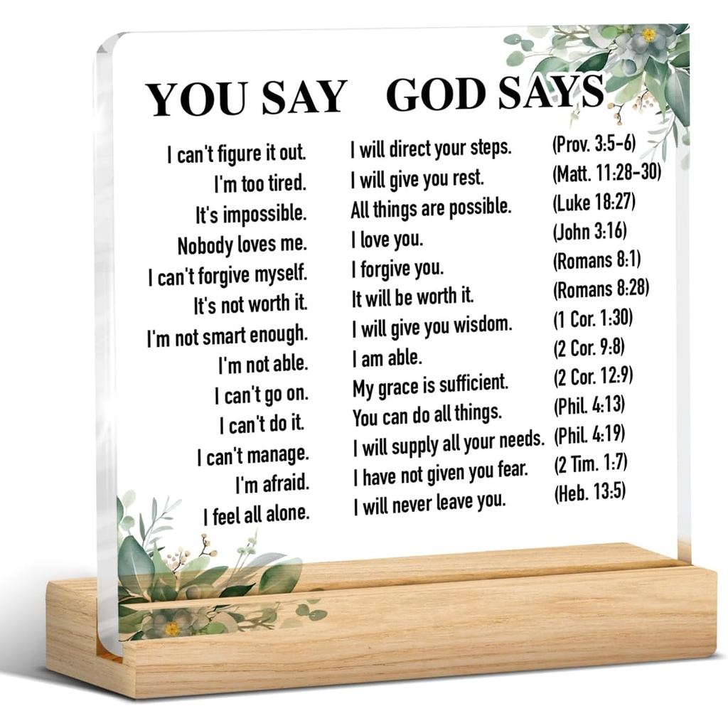 Christian Gift for Women Men, Positive Religious God Says Desk Decorative Sign, Bible Verses Acrylic Plaque Sign