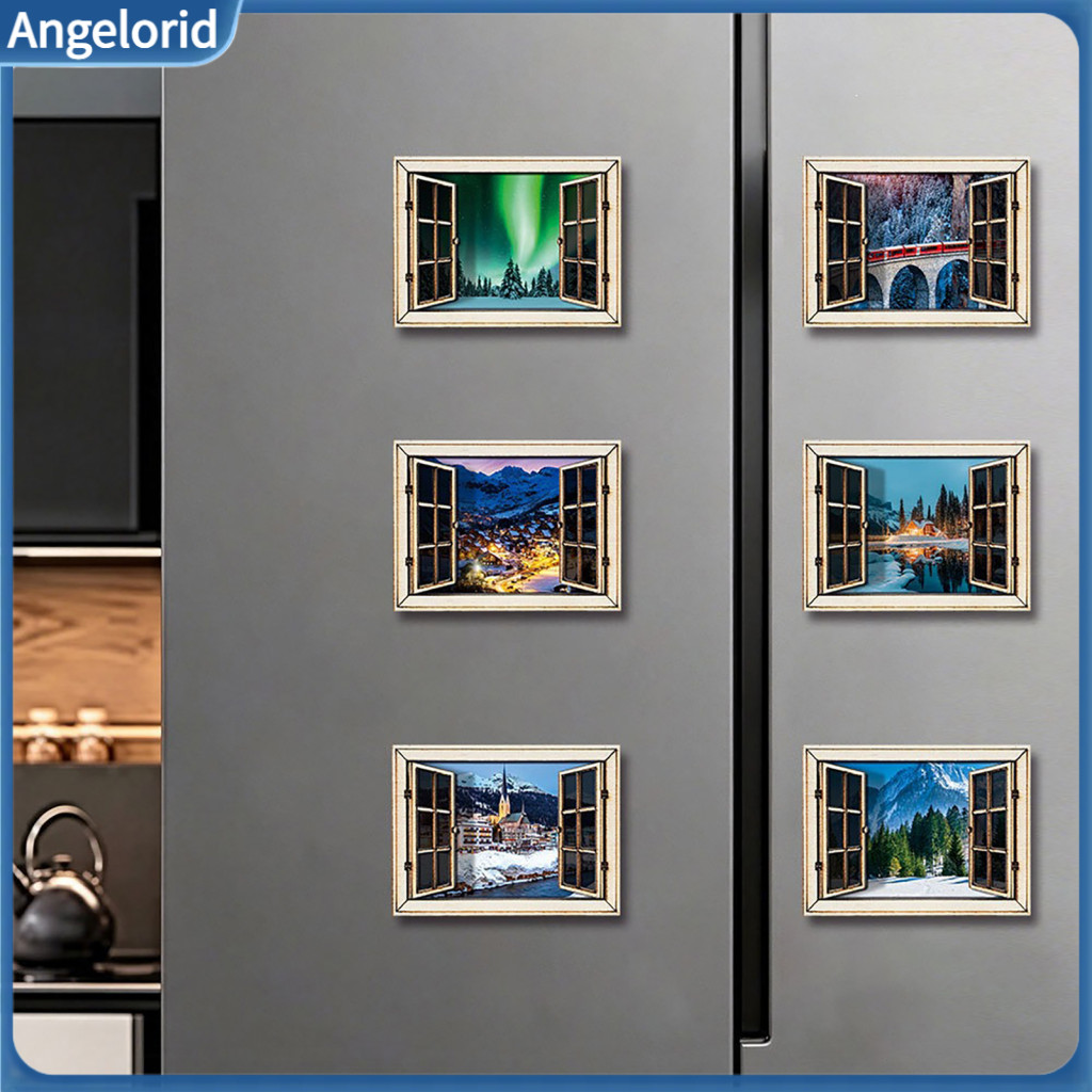 Wooden Window Ornament Fake Refrigerator Magnet 6pcs Fridge Magnets Natural Scenery Magnetic Decorations for Kitchen Off