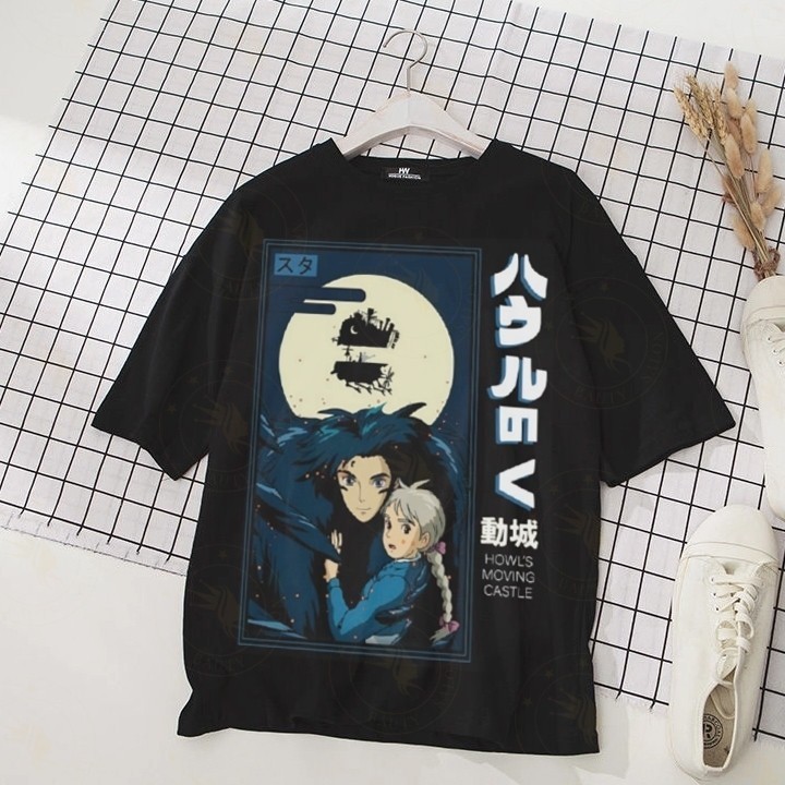 Camiseta Unissex Oversized Plus Size Feminina Masculina preta de algodão oversize Anime Studio Ghibli Howl's Moving Cast
