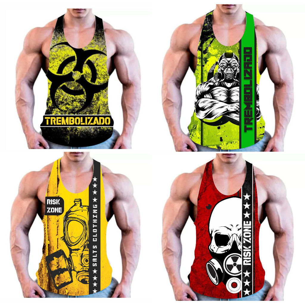 Kit com 4 regatas cavadas academia treino musculação academia trembolizado e risk zone