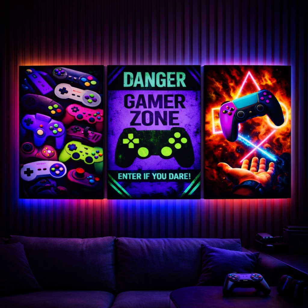 Trio Quadros Decorativo Quarto Gamer Neon Hora do Jogo Controles Zone